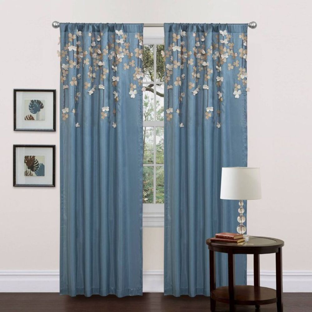 95"x42" Flower Drops Light Filtering Curtain Blue - Lush Décor Floral